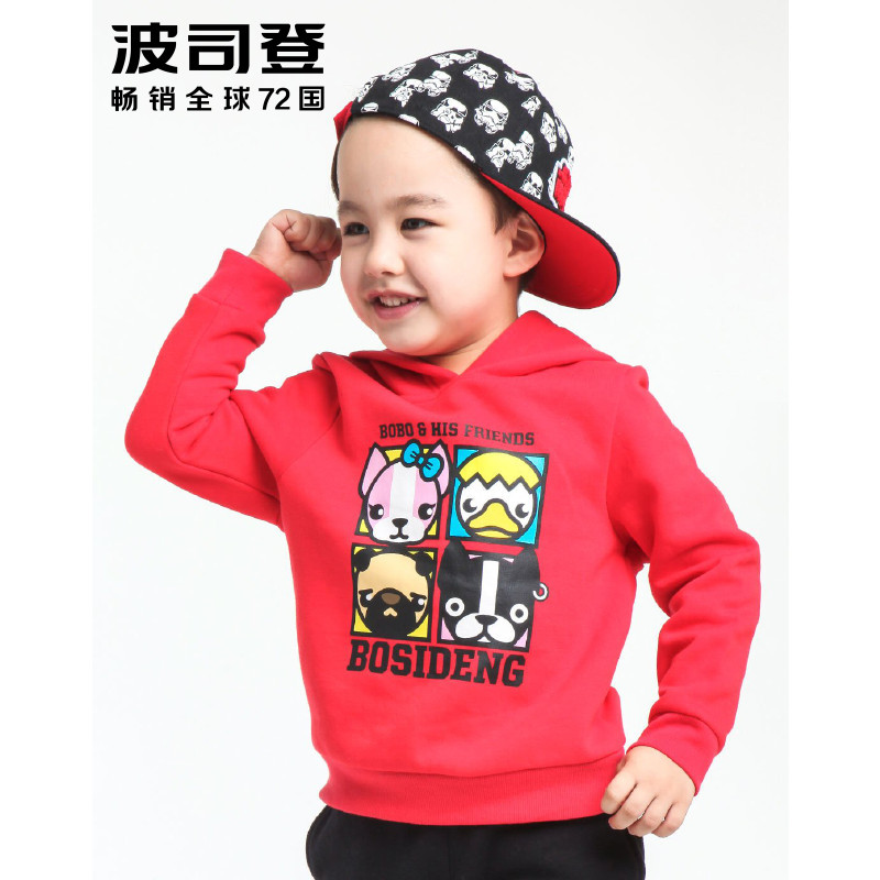 波司登BOSIDENG 男童女童儿童款连帽卡通印花含绒卫衣 新朝阳红 160100