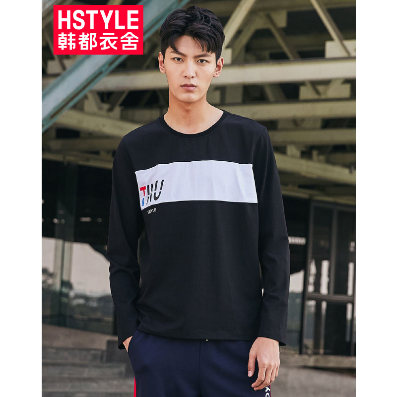 韩都衣舍HSTYLE 2018春季新款韩版圆领套头字母印花修身拼色打底衫男士长袖T恤 黑色 XL