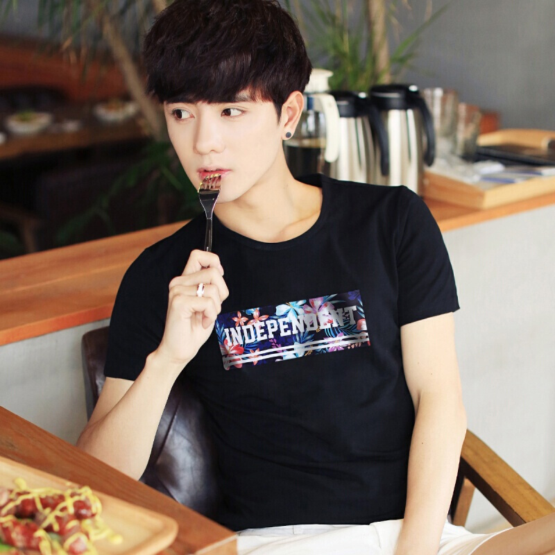 BOY GXG2018夏季新款男士短袖T恤韩版圆领打底衫潮流体恤修身男装上衣服 276黑色 M