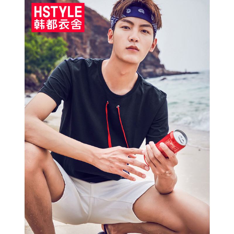 韩都衣舍HSTYLE 2018夏季新款韩版个性系绳青少年纯色圆领修身短袖男式T恤 藏蓝色 L