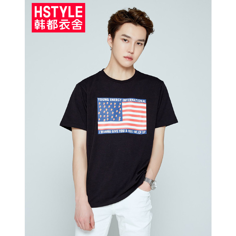 韩都衣舍HSTYLE 2018夏季新款韩版个性休闲圆领街头男士短袖T恤 黑色 M