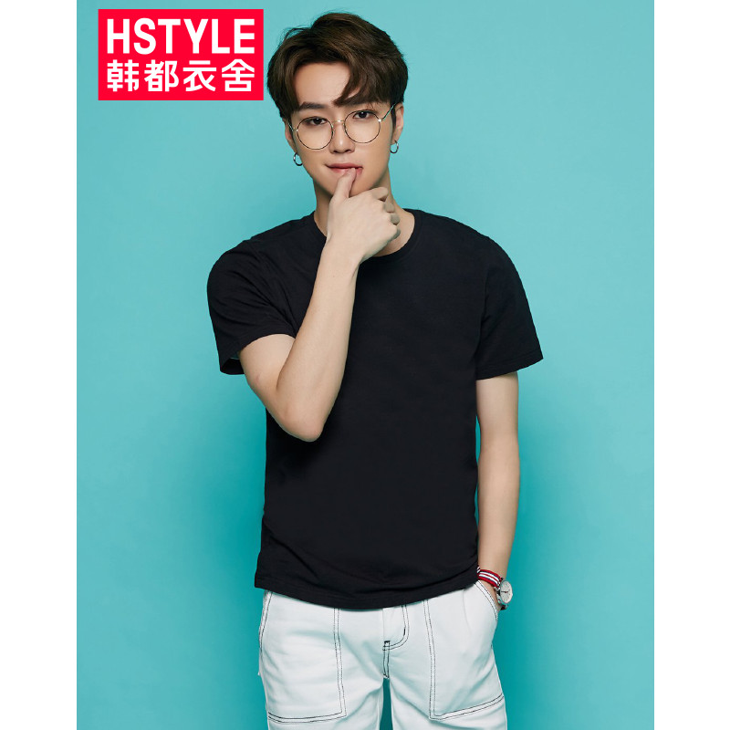 韩都衣舍HSTYLE 2018夏季新款韩版休闲圆领打底衫白色修身短袖男式T恤 象牙黑 M