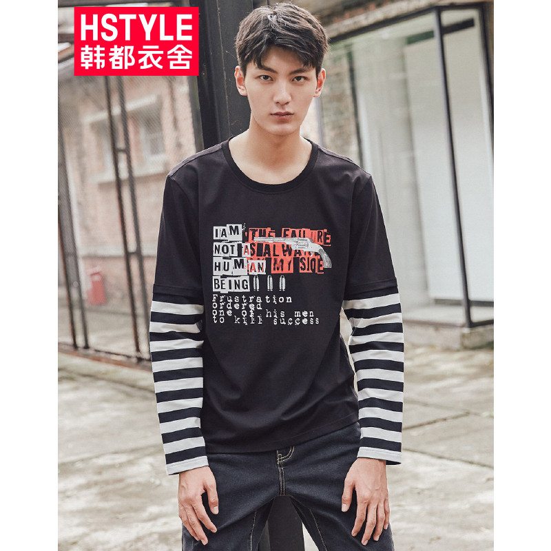 韩都衣舍HSTYLE 2018春季新款韩版潮流休闲印花圆领假两件青年男士长袖T恤 黑色 S