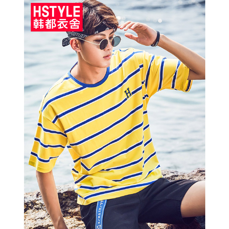 韩都衣舍HSTYLE 2018夏季新款韩版帅气休闲宽松圆领条纹男士短袖T恤 黄色 M