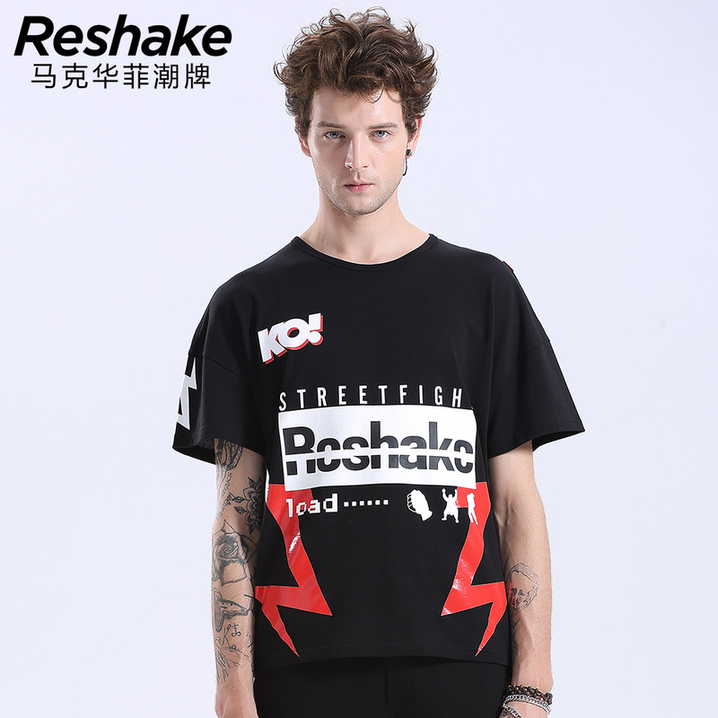 马克华菲型格Reshake男短袖t恤修身圆领印花休闲潮3162216043 黑色 180XL