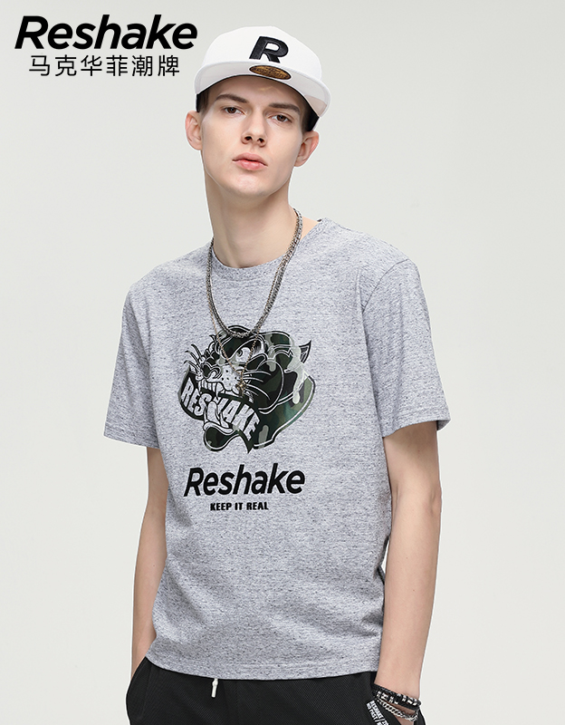 商场同款马克华菲潮牌Reshake2017夏季新品休闲圆领迷彩印花短袖t恤上衣男潮 264浅花灰 1