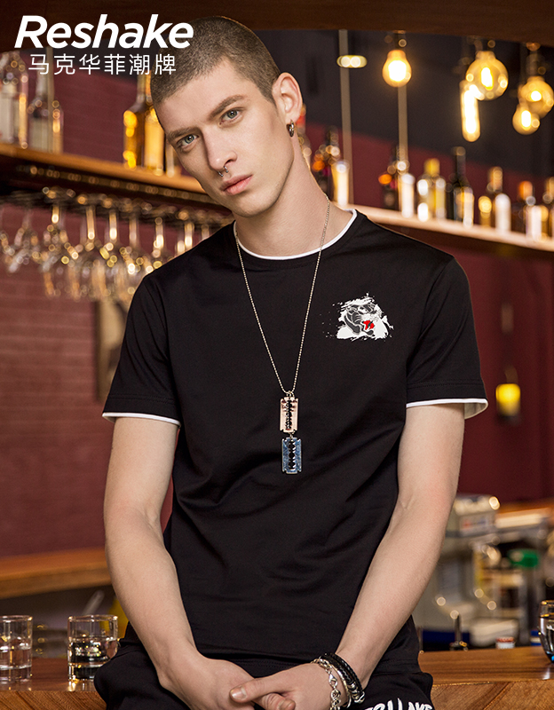[夏]马克华菲潮牌Reshake2017夏季新品潮流动物印花短袖t恤男上衣 311纯黑 170M