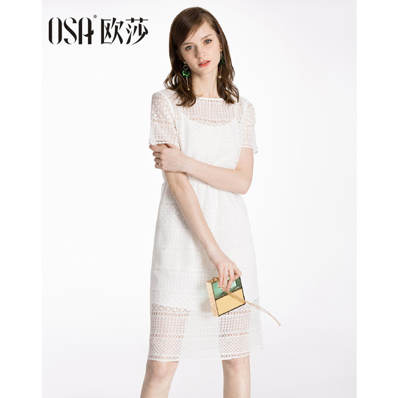 欧莎OSA 2018夏装 名媛修身显瘦收腰镂空蕾丝连衣裙内搭两件套中长连衣裙 白色 L