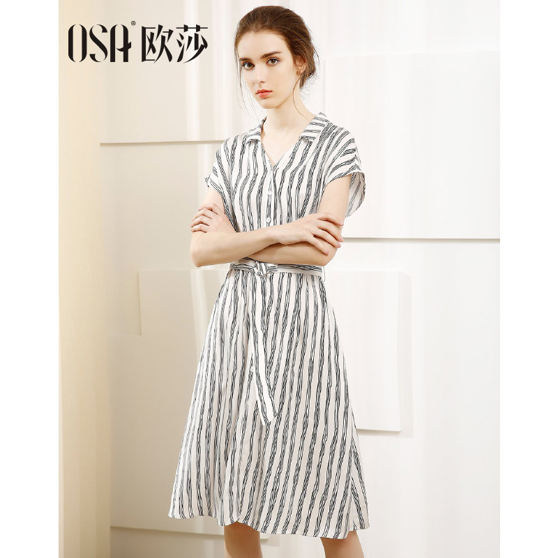 欧莎OSA 黑白条色短袖连衣裙 黑白条色 L