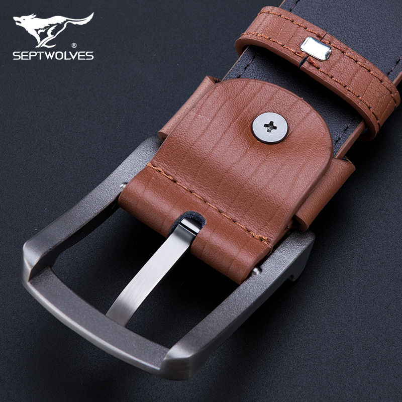 七匹狼皮带男士时尚休闲针扣牛皮裤腰带青年潮 加宽针扣啡色-送打孔器