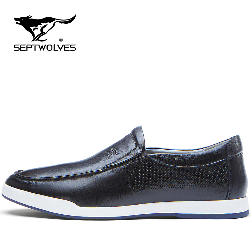 七匹狼（SEPTWOLVES）男鞋套脚商务休闲皮鞋 黑色 42