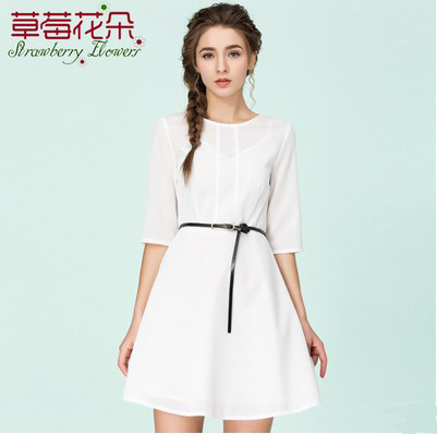欧洲站2016春装新品女装春季圆领中袖A字白色连衣裙子配送腰带